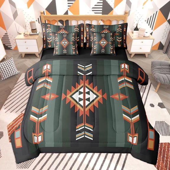 Feelyou Tribal Aztec Twin Bedding Sets 7-Piece, Green Orange Bedding Comforter Set, Bohomian Hippie Style Sheet Sets, Lightweight Room Decoration