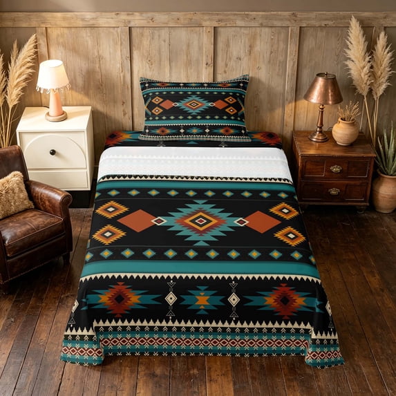 Manfei Tribal Aztec Twin Sheets, Boho Geometric Bedding, Teal, Orange and Black, Black Reversible 3pcs1 Flat Sheet + 1 Fitted Sheet + 1 Pillowcase