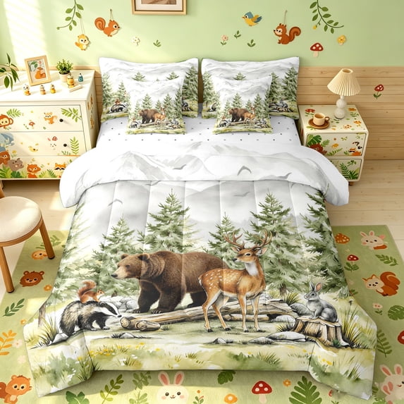 Manfei Tribal Bear Deer Queen Bedding, Waterclor Rustic Bedding Comforter Set Queen, White Green, Reversible, 7 Pieces