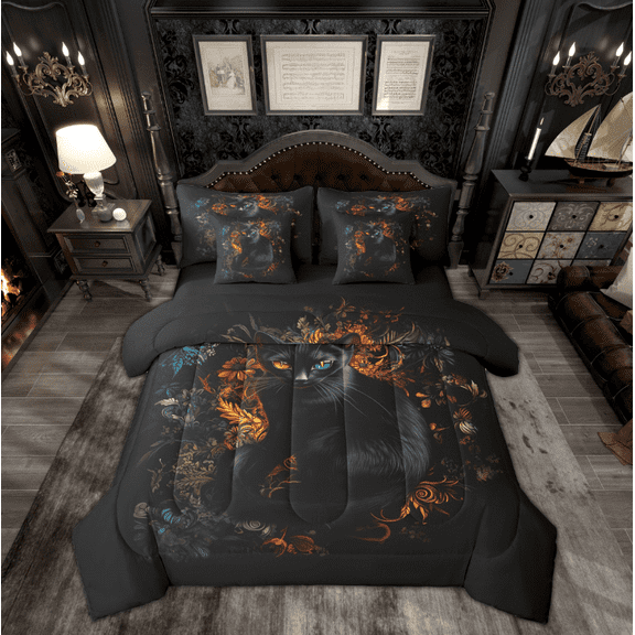 Manfei Tribal Black Cat Animal Bedding Comforter Set 7 Pieces, Mystic Rustic Flower Plant Full Bedding Set, Teens Kids Child Reversible Fitted Sheet Flat Sheet, Lightweight Room Decor