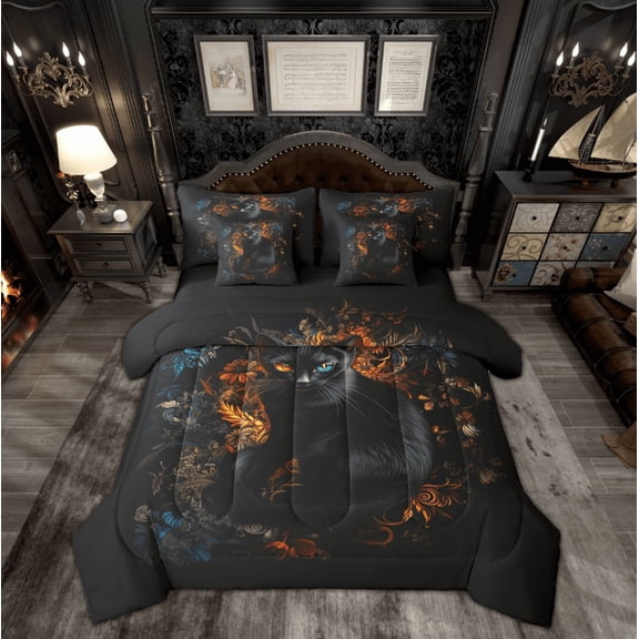 Manfei Tribal Black Cat Animal Bedding Comforter Set 7pcs, Mystic Rustic Flower Plant Queen Bedding Sets, Teens Kids Child Reversible Queen Sheet Sets, Lightweight Room Decor