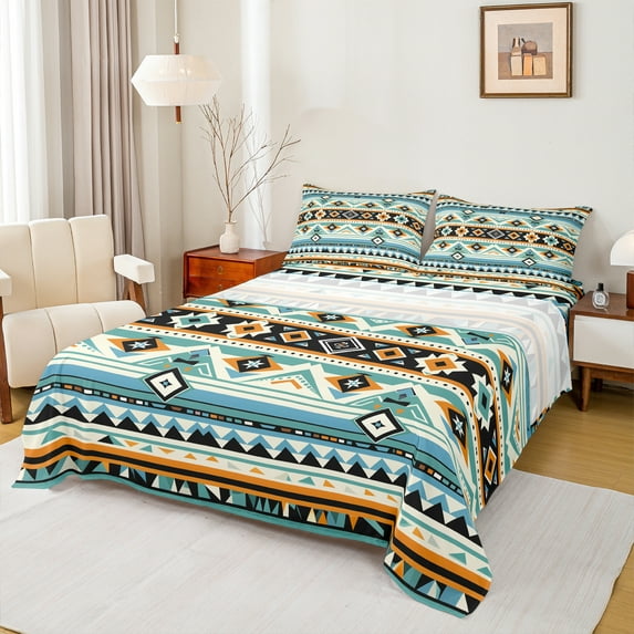 Manfei Tribal Boho Aztec Twin Sheet Sets for Adult, Hippie Abstract Twin Fitted Sheet, Soutnwestern Theme Flat Sheet, Breathable Home Decor, 3pcs