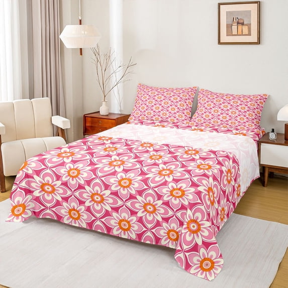 Homewish Tribal Boho Flower Bed Sheets, Pink Cherry Blossoms King Sheets, Western Mandala Style Sheet Set, Breathable Home Decor, 4 Pieces