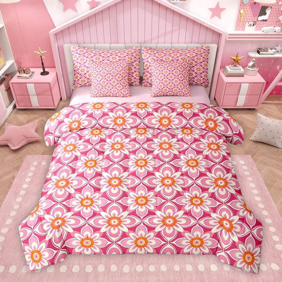 Homewish Tribal Boho Flower Bedding Comforter Set 7pcs, Pink Cherry Blossoms King Bedding Sets, Western Mandala Style Reversible Bed Sheets, Breathable Home Decor