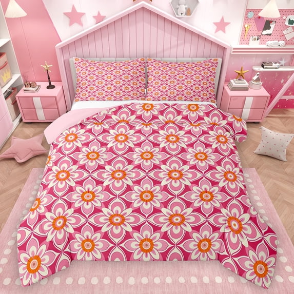 Homewish Tribal Boho Flower Queen Comforter Set, Pink Cherry Blossoms Bedding Sets, Western Mandala Style Reversible Bedding Comforter Set, Breathable Home Decor, 3 Pieces
