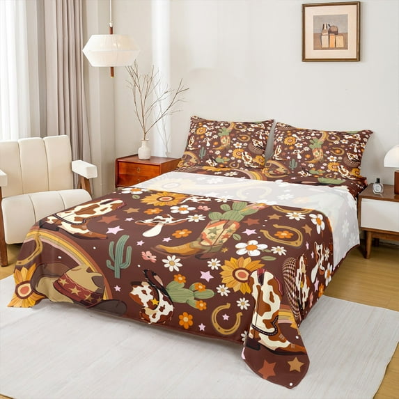 Manfei Tribal Cowboy Boot Queen Sheet Sets for Kids, Mushroom Cactus Flower Plant Flat Sheet, Cartoon Stars Queen Fitted Sheet, Luxury Bedroom Decor, 4-Piece