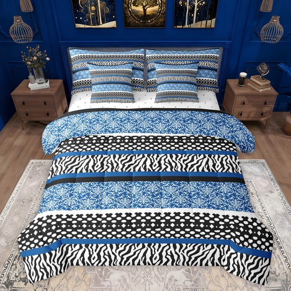 Manfei Tribal Damask Blue Bedding Comforter Set 7pcs, Fashion Zebra Print Queen Bedding Sets, Boho Stripes Abstract Reversible Queen Sheet Sets, Breathable Home Decor