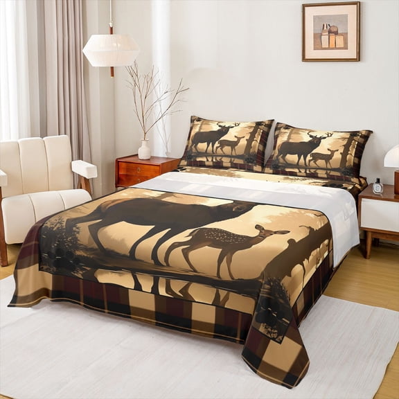 Feelyou Rustic Farmhouse Moose Full Size Sheets, Deer Elk Wildlife Bed Sheets, Woodland Animal Hunting Sheet Sets, Ultra Soft Bedroom Decor, 4 Pieces