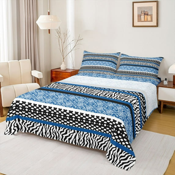 Manfei Tribal Damask Blue Full Size Sheets, Fashion Zebra Print Bed Sheets, Boho Stripes Abstract Sheet Sets, Breathable Home Decor, 4-Piece