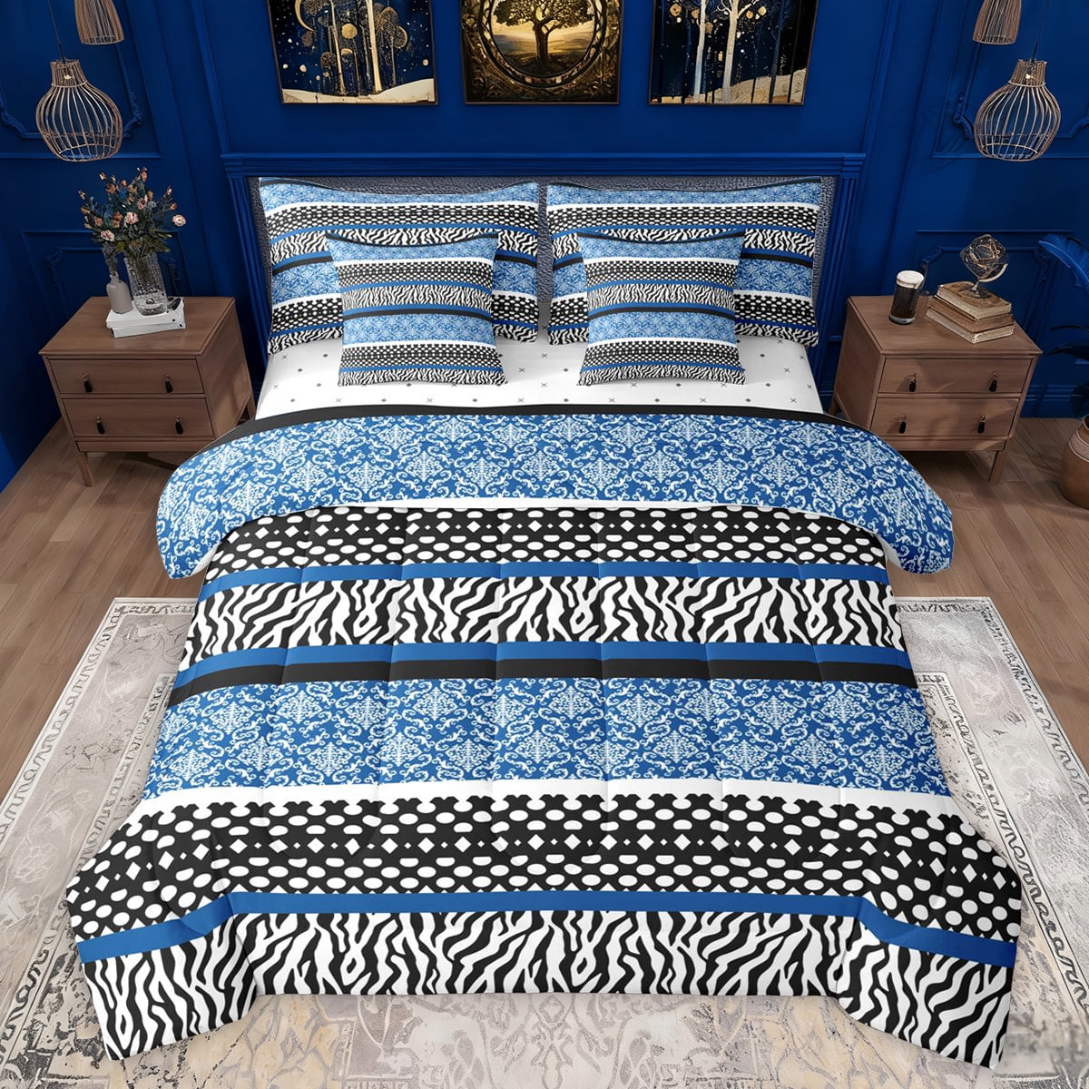 Manfei Tribal Damask Blue Twin Bedding Sets 7-Piece, Fashion Zebra