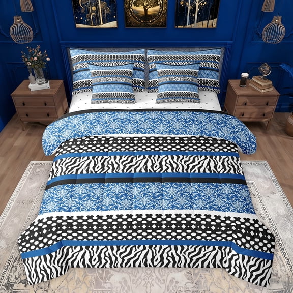 Manfei Tribal Damask Blue Twin Bedding Sets 7-Piece, Fashion Zebra Print Bedding Comforter Set, Boho Stripes Abstract Reversible Sheet Sets, Breathable Home Decor