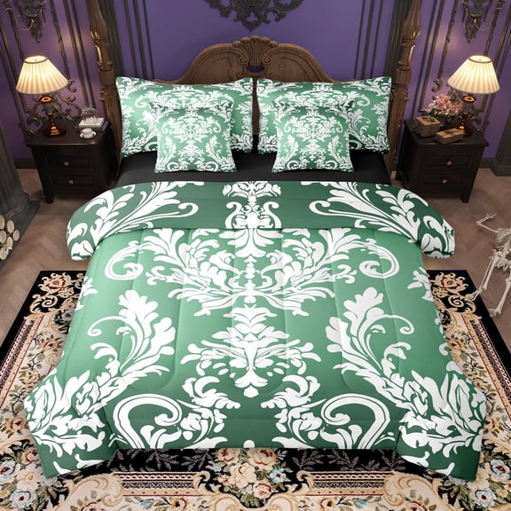 Manfei Tribal Damask Flower 7pcs Bedding Comforter Set, Green Mandala Queen Bedding Sets, Western Bohemian Theme Reversible Queen Sheet Sets, Microfiber Bedroom Decor