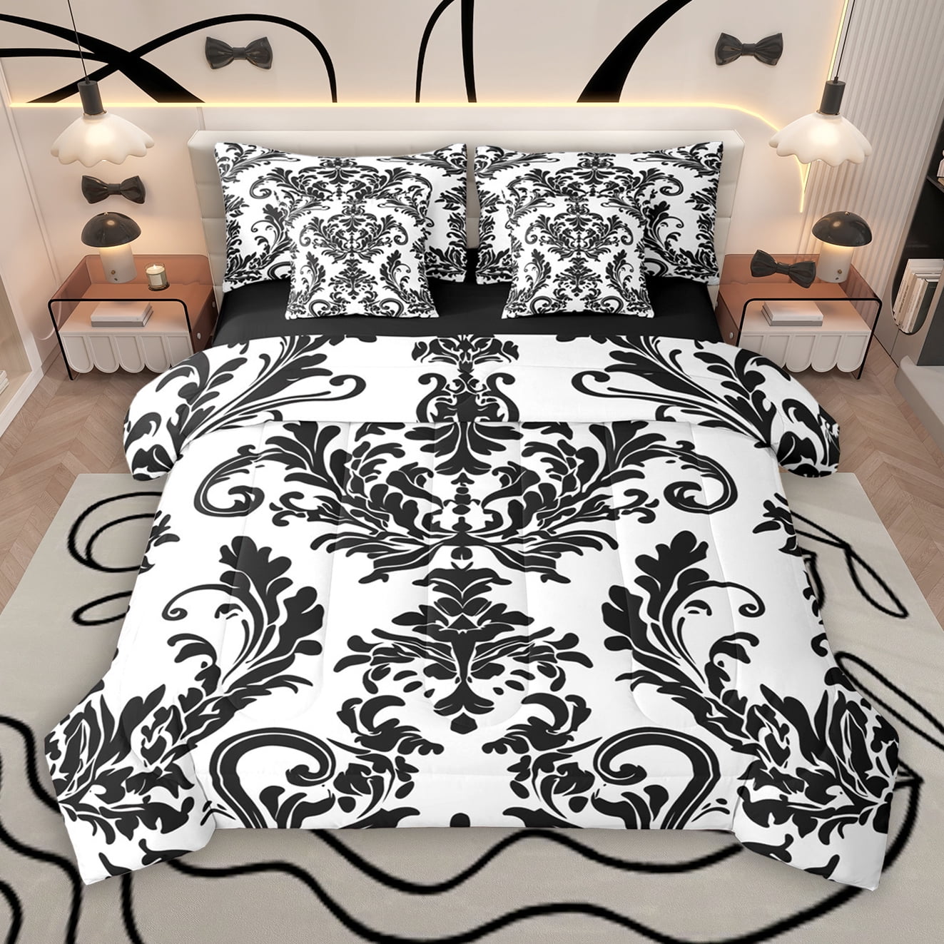 Manfei Tribal Damask Flower 7pcs Bedding Comforter Set, White Black ...