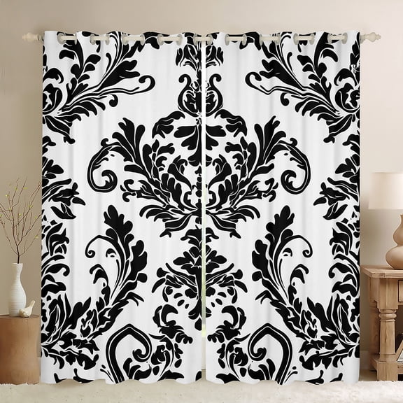 Manfei Tribal Damask Flower Blackout Curtains Set of 2 (52x84 Each), White Black Mandala Window Curtains, Western Bohemian Theme Curtains and Drapes, Window Curtains Bedroom Decor