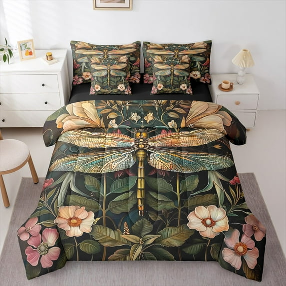 Manfei Tribal Dragonfly Animal Bedding Comforter Set 7pcs, Mystic Rustic Flower Plant Queen Bedding Sets, Teens Kids Child Reversible Queen Sheet Sets, Ultra Soft Home Decor