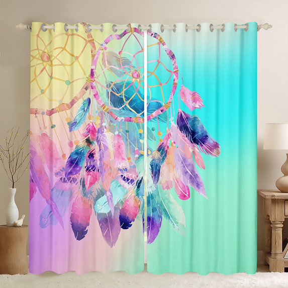 Manfei Tribal Dreamcatcher Black Out Curtains, Green Pink Watercolor Curtains Pack of 2 (42x63 Each), Dreamy Cartoon Bohemian Bedroom Curtains, Window Curtains Decor