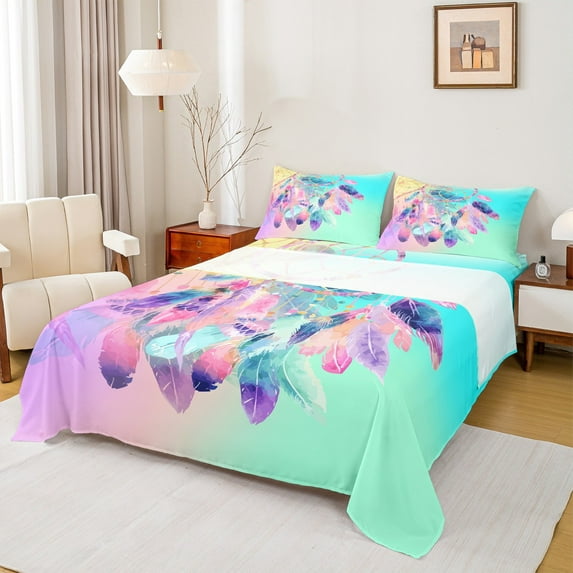 Manfei Tribal Dreamcatcher Full Size Sheets, Green Pink Watercolor Bed Sheets, Dreamy Cartoon Bohemian Sheet Sets, Microfiber Bedroom Decor, 4 Pieces