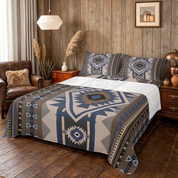 Manfei Tribal Geometric Aztec Bed Sheets, Southwest Bohemian Fuul Size Sheets, Brown and Blue, Black Reversible 4 Pieces1 Flat Sheet + 1 Fitted Sheet + 2 Pillowcases
