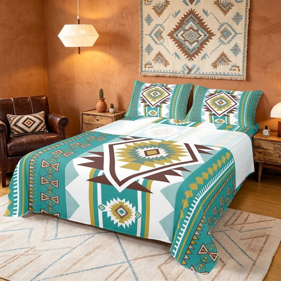 Manfei Tribal Geometric Aztec Bed Sheets, Southwest Bohemian Fuul Size Sheets, Teal and Mustard, Black Reversible 4-Piece1 Flat Sheet + 1 Fitted Sheet + 2 Pillowcases