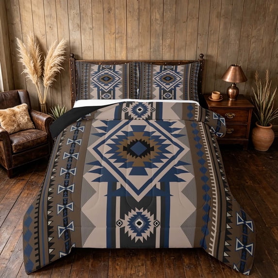 Manfei Tribal Geometric Aztec Full Size Comforter Sets, Southwest Bohemian Bedding Comforter Set, Brown and Blue, Black Reversible 3 Pieces, 1 Comforter and 2 Pillowcases
