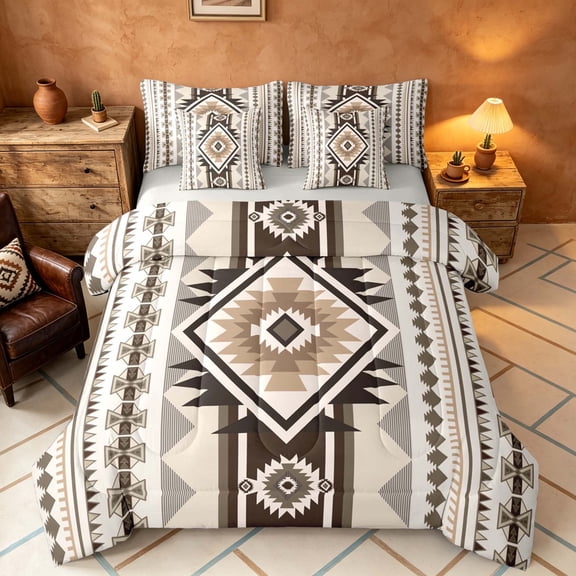 Manfei Tribal Geometric Aztec King Bedding, Southwest Bohemian King Bed in a Bag, Beige and Brown, Gray Reversible 7-Piece