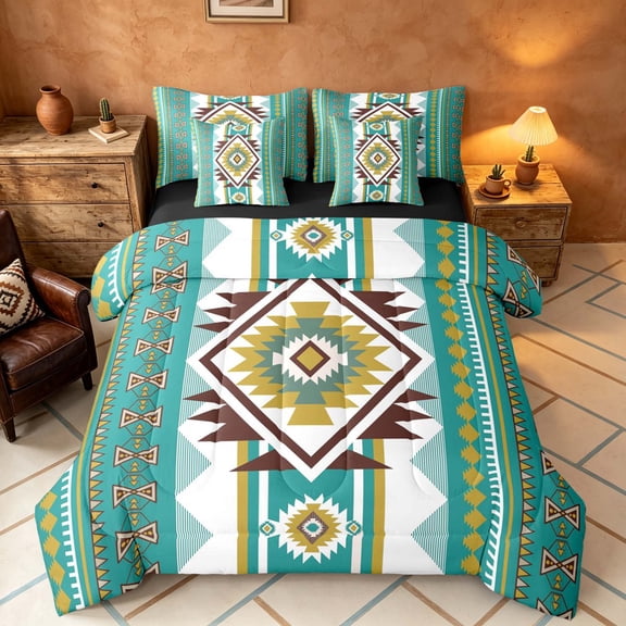 Manfei Tribal Geometric Aztec Queen Bedding, Southwest Bohemian Bedding Comforter Set Queen, Teal and Mustard, Black Reversible 7pcs