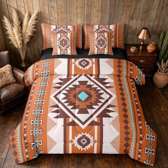 Manfei Tribal Geometric Aztec Queen Bedding, Southwest Bohemian Bedding Comforter Set Queen, Terracotta and Turquoise, Black Reversible 7 Pieces