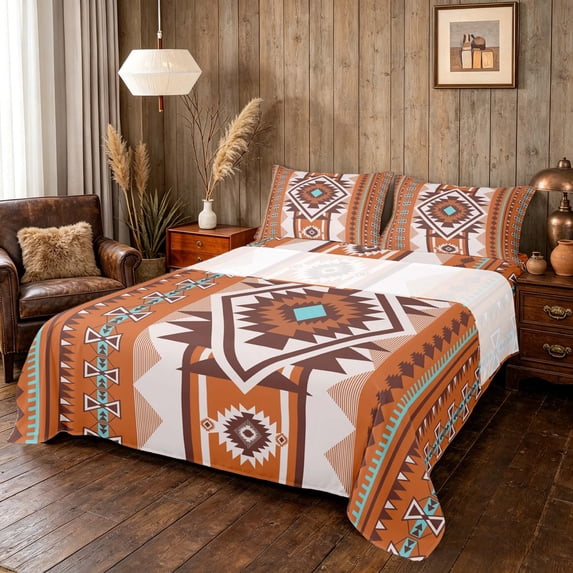Manfei Tribal Geometric Aztec Queen Sheets, Southwest Bohemian Queen Sheet Sets, Terracotta and Turquoise, Black Reversible 4pcs1 Flat Sheet + 1 Fitted Sheet + 2 Pillowcases