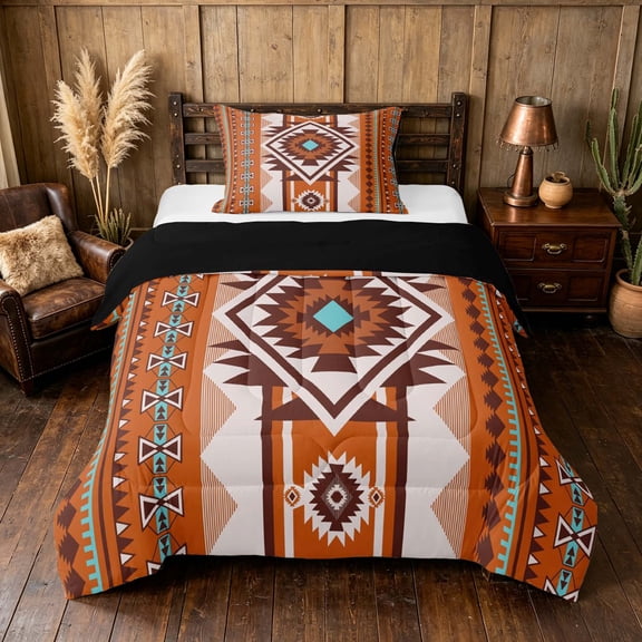 Manfei Tribal Geometric Aztec Twin Comforter Sets, Southwest Bohemian Bedding Set, Terracotta and Turquoise, Black Reversible 2pcs, 1 Comforter and 1 Pillowcase