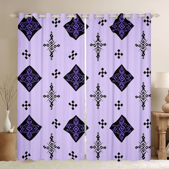 Manfei Tribal Geometric Diamond Blackout Curtains Set of 2 (52x84 Each), Vintage Cross Curtain, Black Purple Lavender
