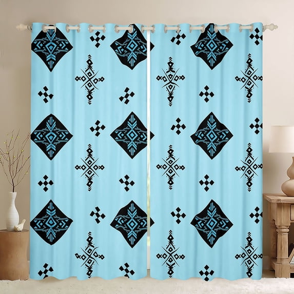 Manfei Tribal Geometric Diamond Blackout Curtains, Vintage Cross Curtains Pack of 2 (42x84 Each), Black Light Blue