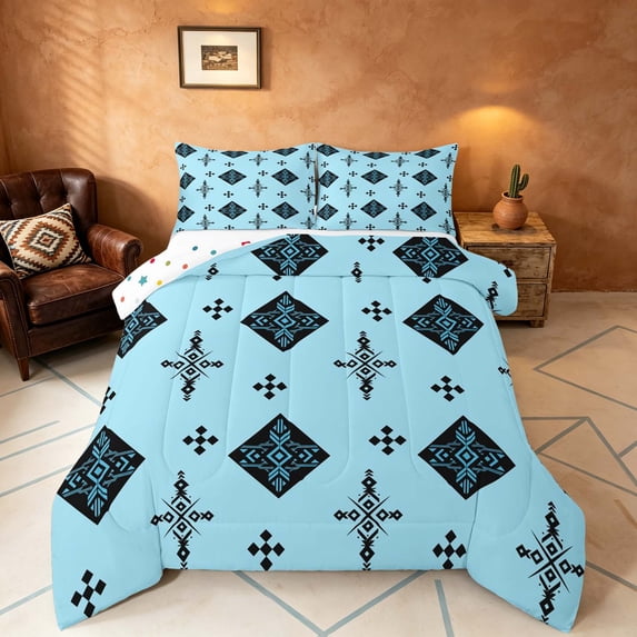 Manfei Tribal Geometric Diamond Full Size Comforter Sets, Vintage Cross Bedding Comforter Set, Black Light Blue, Polka Dots Reversible 3 Pieces, 1 Comforter and 2 Pillowcases