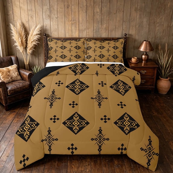 Manfei Tribal Geometric Diamond Queen Comforter Set, Vintage Cross Comforter Sets Queen, Black Gold Brown, Black Reversible 3 Pieces, 1 Comforter and 2 Pillowcases