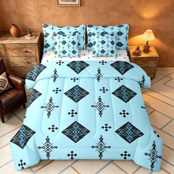 Manfei Tribal Geometric Diamond Twin Bedding, Vintage Cross Bedding Comforter Set, Black Light Blue, Polka Dots Reversible 7-Piece