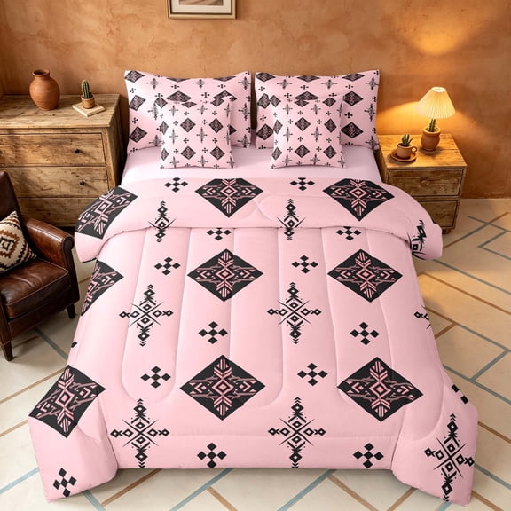 Manfei Tribal Geometric Diamond Twin Bedding, Vintage Cross Bedding Comforter Set, Black Pink Light Pink, Pink Reversible 7pcs