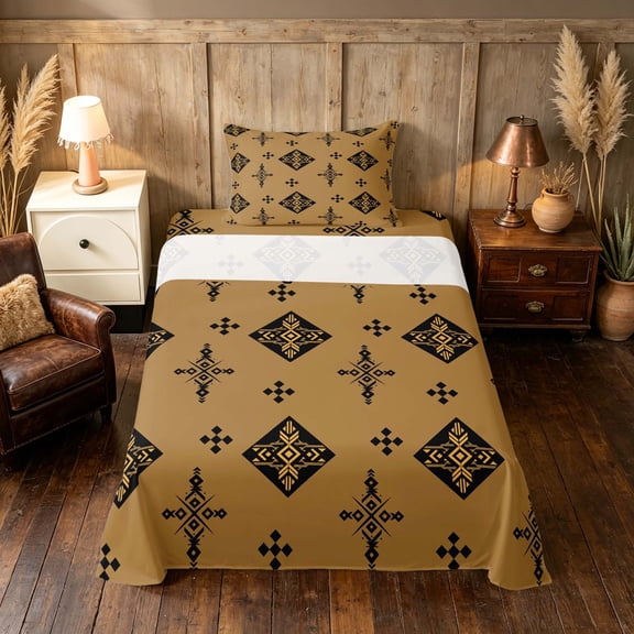 Manfei Tribal Geometric Diamond Twin Sheets, Vintage Cross Bedding, Black Gold Brown, Black Reversible 3 Pieces1 Flat Sheet + 1 Fitted Sheet + 1 Pillowcase