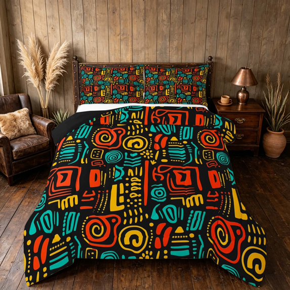 Manfei Tribal Geometric Full Size Comforter Sets, Multicolor Exotic Style Bedding Comforter Set, Black Reversible 3 Pieces, 1 Comforter and 2 Pillowcases