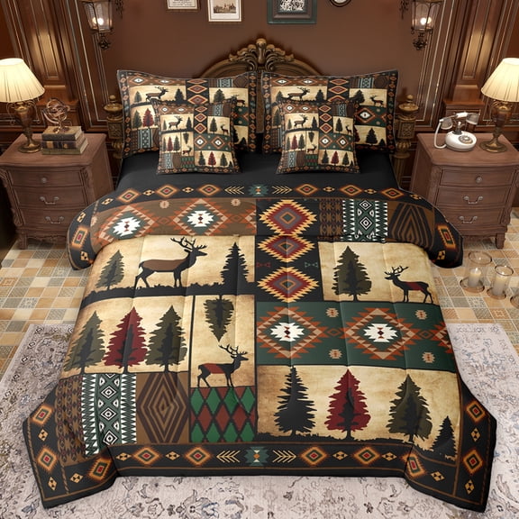 Manfei Tribal Hippie Aztec Bedding Comforter Set 7pcs for Men, Rustic Reindeer Moose King Bedding Sets, Retro Western Patchwork Reversible Bed Sheets, Breathable Home Decor
