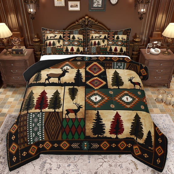 Manfei Tribal Hippie Aztec Queen Comforter Set for Men, Rustic Reindeer Moose Bedding Sets, Retro Western Patchwork Reversible Bedding Comforter Set, Breathable Home Decor, 3-Piece