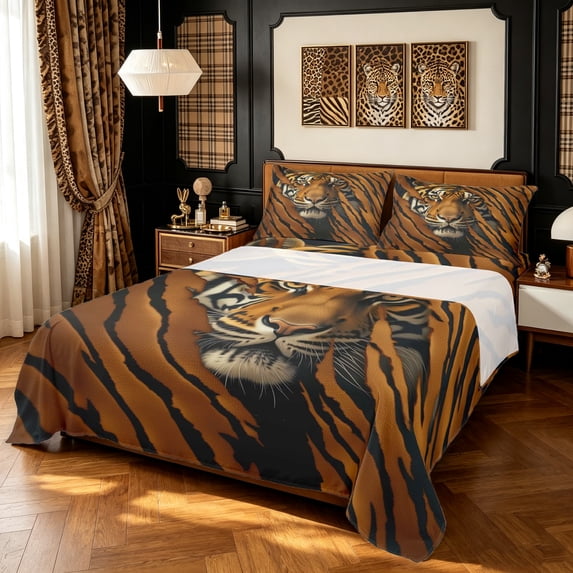 Manfei Tribal Jungle Tiger Queen Sheets, Fashion Abstract Line Queen Sheet Sets, Brown, 4pcs, 1 Flat Sheet, 1 Fitted Sheet and 2 Pillowcases