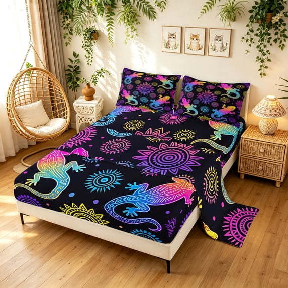 Manfei Tribal Lizard Bed Sheets, Damask Flower Animal Full Size Sheets, Black Multicolor, 4 Pieces, 1 Flat Sheet, 1 Fitted Sheet and 2 Pillowcases