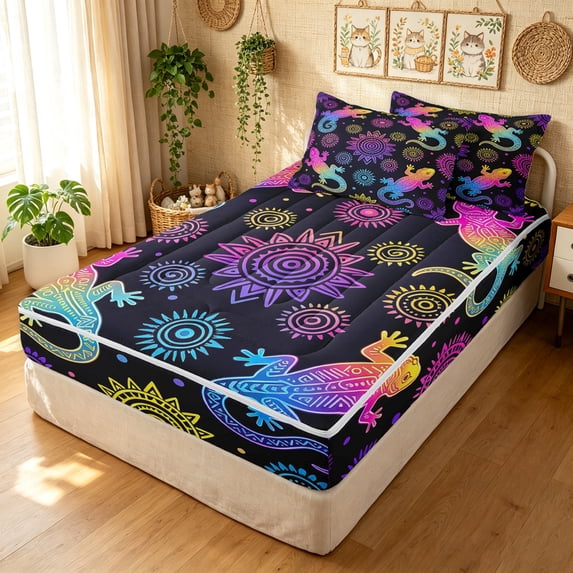 Manfei Tribal Lizard Zipper Queen Comforter Set with Fitted Sheet and 2 Pillowcases, Damask Flower Animal Zipper Bedding Set, Dark Purple Burgundy, Black Reversible, 4 Pieces