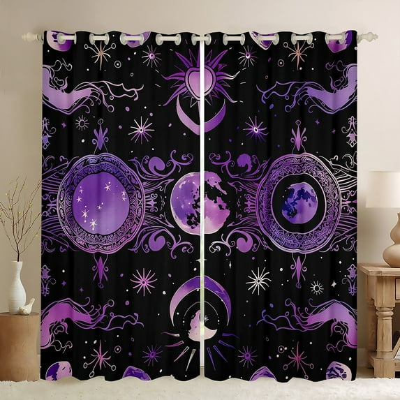 Manfei Tribal Moon Sun Curtains Pack of 2 (42x84 Each), Black Purple Bohemian Curtains Blackout, Vintage Western Mandala Bedroom Curtains, Curtains and Drapes Decor