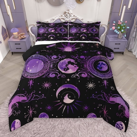 Manfei Tribal Moon Sun Full Size Comforter Sets, Black Purple Bohemian Bedding Comforter Set, Vintage Western Mandala Reversible Bedding Sets, Lightweight Room Decor, 3-Piece