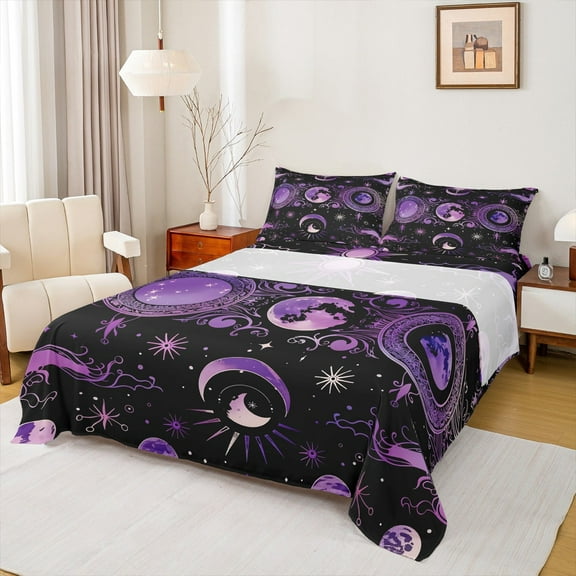 Manfei Tribal Moon Sun Full Size Sheets, Black Purple Bohemian Bed Sheets, Vintage Western Mandala Sheet Sets, Lightweight Room Decor, 4-Piece