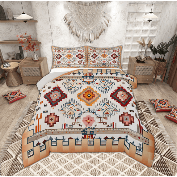 Manfei Tribal Orange Aztec Queen Comforter Set for Adult, Hippie Geometric Bedding Sets, Mandala Bohemian Style Reversible Bedding Comforter Set, Breathable Home Decor, 3 Pieces