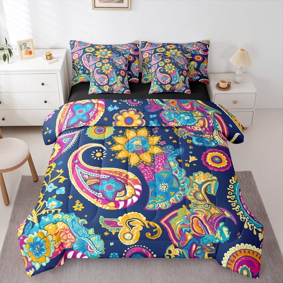 Manfei Tribal Paisley Adult 7-Piece Bedding Comforter Set, Hippie Bohemian Western King Bedding Sets, Vintage Mandala Reversible Bed Sheets, Breathable Home Decor
