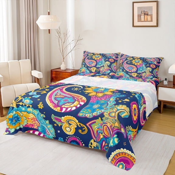 Manfei Tribal Paisley Adult Twin Sheet Sets, Hippie Bohemian Western Twin Fitted Sheet, Vintage Mandala Flat Sheet, Breathable Home Decor, 3pcs