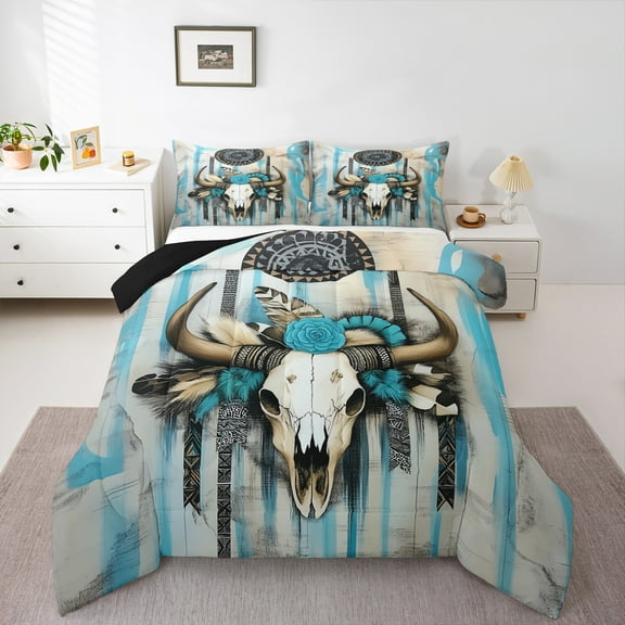 Manfei Tribal Sheep Skeleton Bedding Comforter Set, Western Aztec Geometric Twin Comforter Sets, Rustic Farmhouse Reversible Bedding Set, Super Cozy Room Decor, 2-Piece