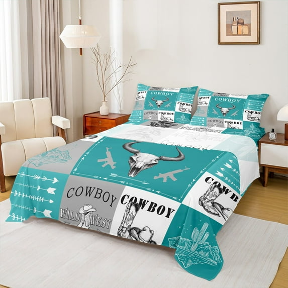 Manfei Tribal Sheep Skeleton Queen Sheet Sets, Teal Grey Patchwork Buffalo Flat Sheet, Rustic Farmhouse Queen Fitted Sheet, Microfiber Bedroom Decor, 4 Pieces